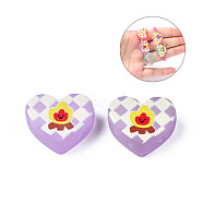 Transparent Printed Acrylic Beads, for Hair Rope DIY, Large Hole Beads, Rubberized Style, Heart with Bonfire Pattern, Lilac, 14x18x8mm, Hole: 4mm(MACR-S373-124-H05)