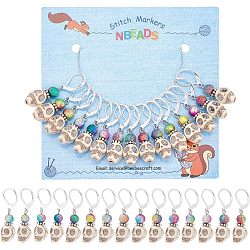 15Pcs 15 Color Synthetic Magnesite Skull & Acrylic Beaded Charm Locking Stitch Marker, with Brass Leverback Earring Findings and Plastic Ear Nuts, Mixed Color, 38mm, Pin: 0.8mm, 1Pc/color(HJEW-PH01539)