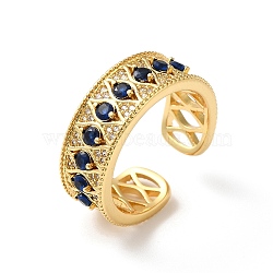 Horse Eye Brass Micro Pave Marine Blue Cubic Zirconia Cuff Rings, Long-Lasting Plated Wide Band Open Ring for Women, Cadmium Free & Lead Free, Real 18K Gold Plated, 8.5mm, Inner Diameter: 19mm(RJEW-P088-04G)