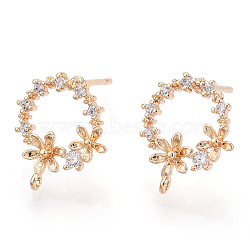 Brass Micro Pave Clear Cubic Zirconia Stud Earring Findings, with Loop, Nickel Free, Ring with Flower, Real 18K Gold Plated, 14x12mm, Hole: 0.8mm, Pin: 0.8mm(X-KK-T054-51G-NF)
