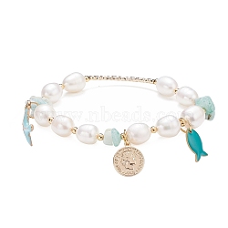 Star & Jesus Fish & Human Coin Charm Bracelet, Natural Flower Amazonite Chip & Pearl Beads Reiki Bracelet for Her, Curved Tube Bead Bracelet, Golden, Colorful, Inner Diameter: 2-3/8 inch(5.95cm)(BJEW-TA00028)