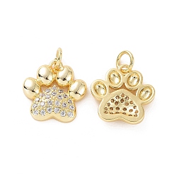 Rack Plating Brass Micro Pave Cubic Zirconia Charms, with Jump Ring, Long-Lasting Plated, Cadmium Free & Lead Free, Dog's Paw Print Charm, Real 18K Gold Plated, 15x14.5x3mm, Hole: 3mm(X-KK-C008-36G)