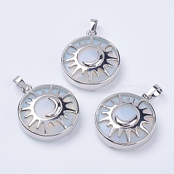 Opalite Pendants, with Brass Findings, Flat Round with Sun & Moon, Platinum, 31x27.5x8mm, Hole: 5x7mm(G-K234-B17)