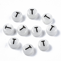 Acrylic Beads, with Enamel and Luminous, Horizontal Hole, Flat Round with Black Letter, Glow in the Dark, Light Grey, Letter.T, 7x3.5mm, Hole: 1.5mm, about 3600~3700pcs/500g(SACR-S273-29T)