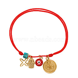 Hamsa Hand & Cross Alloy Charm Bracelets, Bohemia Bracelets, Adjustable Cord Bracelets for Women, Red(FF3695)