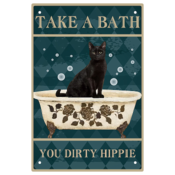 Tinplate Sign Poster, Vertical, for Home Wall Decoration, Rectangle with Word Take A Bath You Dirty Hippie, Cat Pattern, 300x200x0.5mm