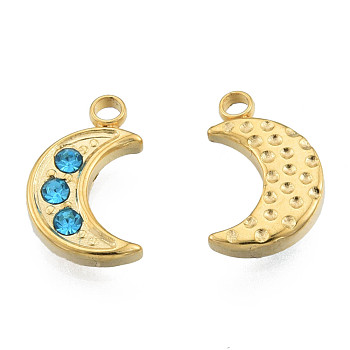 304 Stainless Steel Charms, with Sapphire Rhinestone, Moon, Real 18K Gold Plated, 12x7.5x2mm, Hole: 1.5mm