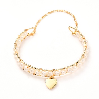 Natural Pearl Beaded Bangle for Teen Girl Women, Brass Cuff Bangle with Heart Charm and Safety Chain, Golden, Inner Diameter: 2-1/8 inch(5.3cm)