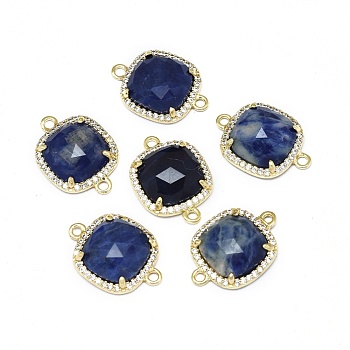 Natural Sodalite Links connectors, with Golden Tone Brass Findings and Cubic Zirconia, Faceted, Square, Clear, 18.5~19x13.5x4.5mm, Hole: 1.6mm