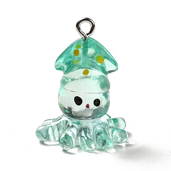 Marine Series Transparent Resin Pendants, Inkfish Charm, with Platinum Plated Iron Findings, Medium Turquoise, 25x20x18mm, Hole: 2mm