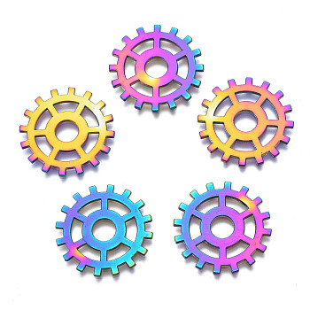 Rack Plating Rainbow Color Alloy Pendants, Cadmium Free & Nickel Free & Lead Free, Gear, 24.5x1mm, Hole: 5.5mm