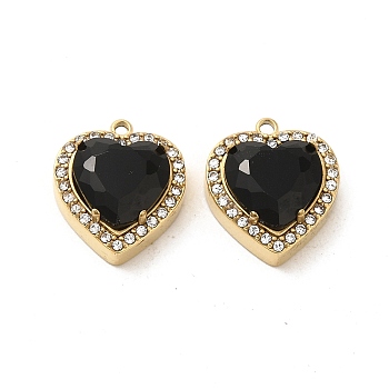 304 Stainless Steel Pendants, with Glass and Rhinestone, Heart Charms, Black, 16x14x5.7mm, Hole: 1.4mm