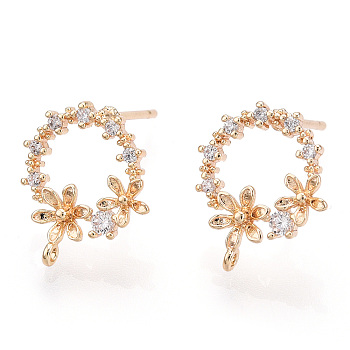 Brass Micro Pave Clear Cubic Zirconia Stud Earring Findings, with Loop, Nickel Free, Ring with Flower, Real 18K Gold Plated, 14x12mm, Hole: 0.8mm, Pin: 0.8mm