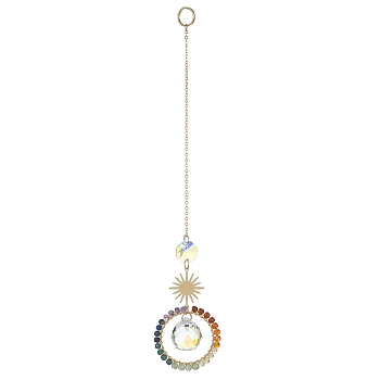 Glass Teardrop Pendant Decorations, Hanging Suncatchers, with Chakra Natural Gemstone & Brass Ring Charm, Sun, 232x43x1~21mm