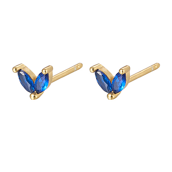 Golden 925 Sterling Silver Micro Pave Cubic Zirconia Stud Earrings, Leaf, Blue, 5.5mm