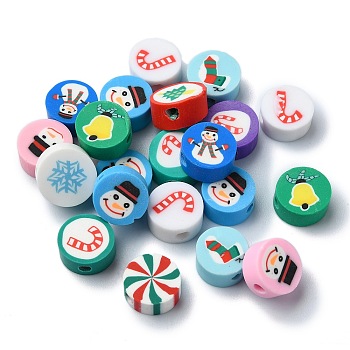 Christmas Theme Handmade Polymer Clay Beads, Flat Round with Mixed Pattern, Mixed Color, 9x4mm, Hole: 2mm