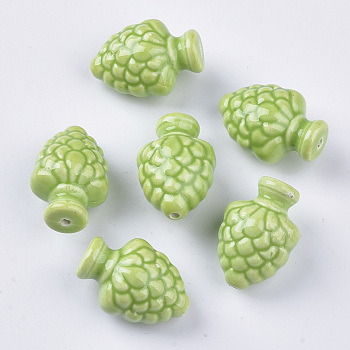 Handmade Porcelain Beads, Bright Glazed Porcelain Style, Pine Cone, Light Green, 29x20x17.5mm, Hole: 2mm