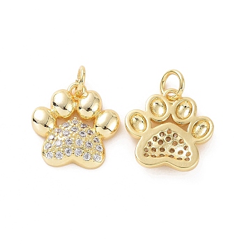 Rack Plating Brass Micro Pave Cubic Zirconia Charms, with Jump Ring, Long-Lasting Plated, Cadmium Free & Lead Free, Dog's Paw Print Charm, Real 18K Gold Plated, 15x14.5x3mm, Hole: 3mm