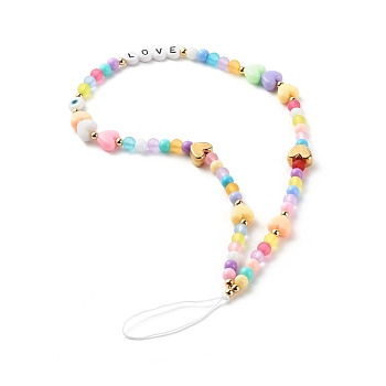 Acrylic Beads Mobile Straps, with CCB Plastic Beads, Brass Beads, Nylon Thread, Round & Heart & Flat Round with Word LOVE, Colorful, 26.5cm
