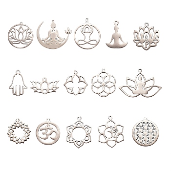 15Pcs 15 Styles 201 Stainless Steel Pendants, Laser Cut, Mixed Shapes, Stainless Steel Color, 38.5x45x1mm, Hole: 1.6mm, 1pc/style