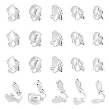 20Pcs 5 Styles Alloy Clip-on Earring Findings, with Horizontal Loops, Heart & Flat Round & Oval & Rhombus & Square, Platinum, 12.5~17x6~11x9~16mm, Hole: 1~1.5mm, 4Pcs/style