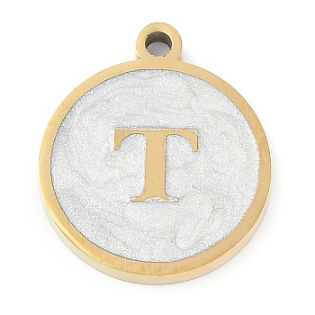 Ion Plating(IP) 201 Stainless Steel Pendants, with White Enamel, Real 18K Gold Plated, Flat Round with Letter, Letter T, 18.5x15.5x2mm, Hole: 1.6mm