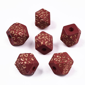Painted Natural Wood Beads, Laser Engraved Pattern, Faceted, Polygon with Leopard Print, FireBrick, 10x10x10mm, Hole: 2mm