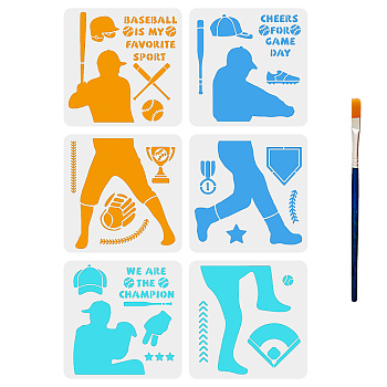 US 1 Set PET Hollow Out Drawing Painting Stencils, with 1Pc Art Paint Brushes and 1 Sheet Craft Cardboard Paper, Baseball Pattern, Painting Stencils: 300x300mmm, 1pc/style, 6pcs/set