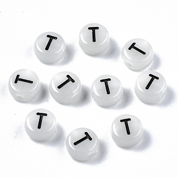 Acrylic Beads, with Enamel and Luminous, Horizontal Hole, Flat Round with Black Letter, Glow in the Dark, Light Grey, Letter.T, 7x3.5mm, Hole: 1.5mm, about 3600~3700pcs/500g