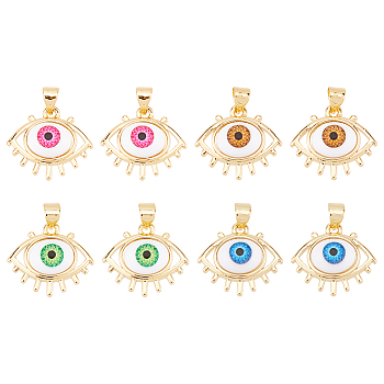 8Pcs 4 Colors Brass Pendants, with Acrylic, Cadmium Free & Lead Free, Long-Lasting Plated, Evil Eye, Real 18K Gold Plated, Mixed Color, 16.5x19x6mm, Hole: 4x3.5mm, 2pcs/color