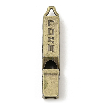 Tibetan Style Alloy Pendants, Whistle with Word Love, Antique Bronze, 49x9x7mm, Hole: 5x4mm