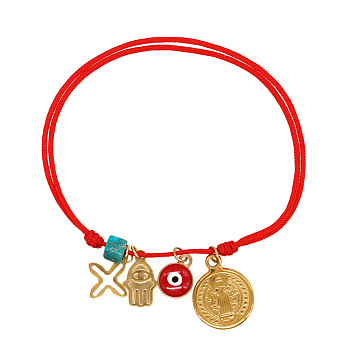 Hamsa Hand & Cross Alloy Charm Bracelets, Adjustable Cord Bracelets for Women, Red