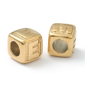 304 Stainless Steel European Beads, Large Hole Beads, Horizontal Hole, Cube with Letter, Golden, Letter.E, 8x8x8mm, Hole: 4mm