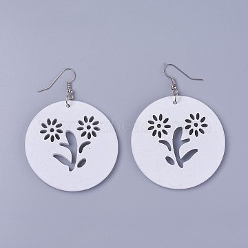 Wood Dangle Earrings, with Platinum Tone Iron Earring Hooks, Flat Round with Flower, White, 68mm, Pendants: 49.5x4.5~5mm, Pin: 0.5mm(X-EJEW-L219-H01)