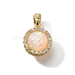 Brass Micro Pave Cubic Zirconia Pendants, Cadmium Free & Nickel Free & Lead Free, with Resin, Real 18K Gold Plated, Flat Round, White, 12x10x7.5mm, Hole: 4.5x3mm(KK-K398-27G-01)