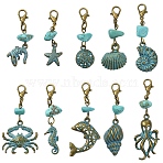 10Pcs Ocean Theme Alloy Pendant Decorations, with Synthetic Turquoise and Alloy Lobster Claw Clasps, Antique Bronze & Blue Patina, 40~58mm(HJEW-YW00194)