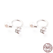 Rhodium Plated 925 Sterling Silver Cuff Earrings, with Cubic Zirconia and Shell Pearl Round Beads, with S925 Stamp, White, Platinum, 11x12x4mm(EJEW-H124-04P)