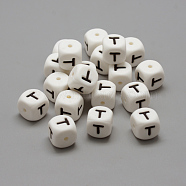 Food Grade Eco-Friendly Silicone Beads, Chewing Beads For Teethers, DIY Nursing Necklaces Making, Letter Style, Cube, Letter.T, 12x12x12mm, Hole: 2mm(SIL-R001-T)