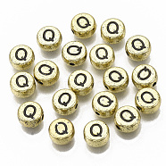 Plating Acrylic Beads, Horizontal Hole, Flat Round with Letter, Golden Plated, Black, Letter.Q, 7x4mm, Hole: 1.2mm.(X-PACR-CD0001-Q)