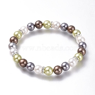 Round Shell Pearl Stretch Beaded Bracelets, with Brass Rhinestone Spacer Beads, Colorful, Inner Diameter: 2-1/4 inch(5.7cm)(BJEW-JB05510-04)