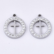 201 Stainless Steel Pendants, with Polymer Clay Crystal Rhinestone, for Religion, Flat Round with Cross, Stainless Steel Color, 17x15x2mm, Hole: 1.6mm(STAS-N091-19P)
