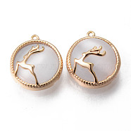 Christmas Cat Eye Charms, with Brass Findings, Flat Round with Elk Christmas Reindeer/Stag, Nickel Free, Real 18K Gold Plated, 13x12x6mm, Hole: 0.7mm(KK-R116-044-NF)