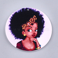 Printed Wooden Big Pendants, Dyed, Flat Round with Fashion Lady, Colorful, 60x2.5mm, Hole: 1.5mm(X-WOOD-S048-04)