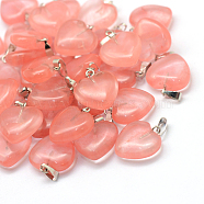 Heart Dyed Cherry Quartz Glass Pendants, with Platinum Tone Brass Findings, 17~19x15~16x5~8mm, Hole: 2x7mm(G-Q371-03)