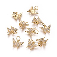 Brass Micro Pave Cubic Zirconia Charms, Long-Lasting Plated, Butterfly, Clear, Golden, 11x13x2mm, Hole: 3.5mm(X-KK-K238-08G)