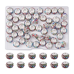 50Pcs Polymer Clay Rhinestone European Large Hole Beads, with Silver Color Plated Brass Cores, Rondelle, Colorful, 11~12x7~7.5mm, Hole: 5mm(FPDL-YW0001-02)