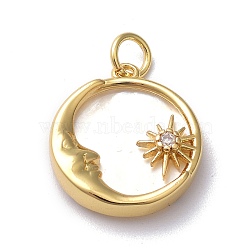Brass Micro Pave Clear Cubic Zirconia Pendants, with Shell & Jump Ring, Long-Lasting Plated, Flat Round with Moon & Sun, Real 18K Gold Plated, 17.5x16x3.5mm, Jump Ring: 5x1mm, 3mm Inner Diameter(ZIRC-L091-084G)