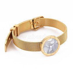 Acrylic Flat Round with Roman Numeral Link Bangle with Belt Buckle, 304 Stainless Steel Mesh Chain Wristband for Women, Real 18K Gold Plated, Inner Diameter: 1-7/8x2-1/2 inch(4.8x6.5cm)(BJEW-N017-022LG)