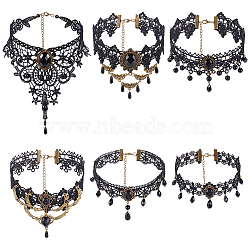 6Pcs 6 Styles Flower Lace Choker Necklaces, with Plastic Tassel and Alloy Chains, Antique Golden, Black, 12.52~14.57 inch(31.8~37cm), 1pc/style(NJEW-UN0001-65)