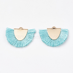 Polyester Tassel Pendant Decorations, with Brass Findings, Semicircle, Light Gold, Pale Turquoise, 25~27x32~35x3mm, Hole: 3x1.5mm(FIND-S272-05)